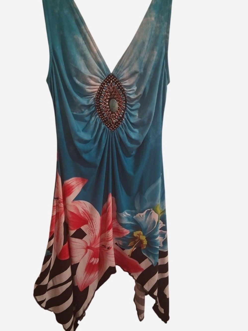 VENUS Y2k Teal Floral Draped Camisole with Embellished V-Neck
